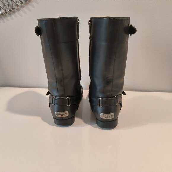 UGG  Black leather tall boots full-length side zipper Size 8 - Picture 1 of 7